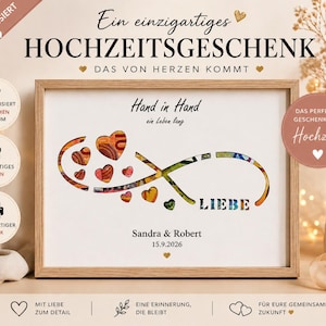 May include: A framed print with the words "Hand in Hand" and "Liebe" (Love). The design includes an infinity symbol with colourful hearts and the names "Sandra & Robert" with a date. The print is a wedding gift.