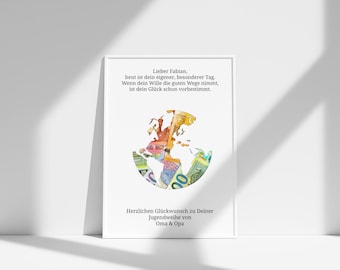 Jugendweihe Geschenk mit Namen & Geldfach – Personalisierte Karte mit Widmung im eleganten A4 Rahmen