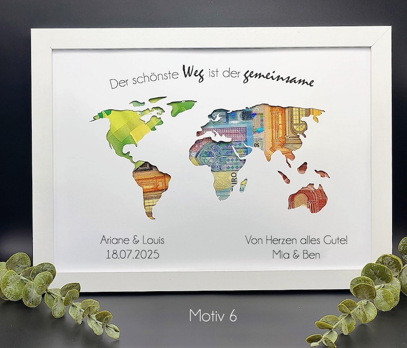 Hochzeitsgeschenk mit Geldfach – personalisiert mit Namen und Hochzeitsdatum.
Brautpaar-Geschenk: Kreatives Geldgeschenk im personalisierten Bilderrahmen.