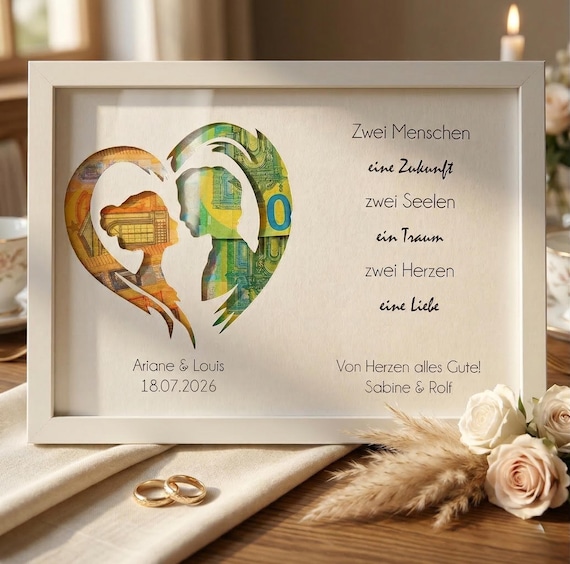 Personalisiertes Hochzeitsgeschenk Brautpaar, Geldgeschenk Hochzeit Holz mit Namen & Datum, Geschenk Verlobung Standesamt, Handmade Germany