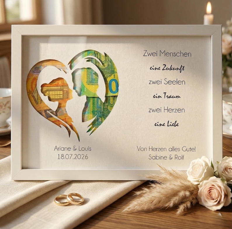 Personalisiertes Hochzeitsgeschenk für Brautpaar mit Namen & Datum, Geldgeschenk Hochzeit, Individuelle, Geschenk zur Verlobung