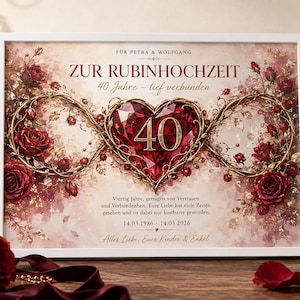 Rubinhochzeit Geschenk personalisiert: 40 Jahre Ehe mit Namen & Datum – PDF, DIN-A4-Karte eller Bilderrahmen