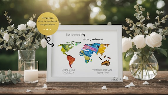 Personalized Wedding Money Gift: Framed World Map, Custom Couple Names