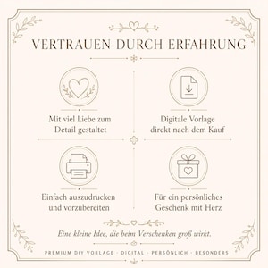 May include: A beige informational graphic with a decorative border and the text "VERTRAUEN DURCH ERFAHRUNG". It features four circular icons representing a heart, a download symbol, a printer, and a gift box, accompanied by German text descriptions.