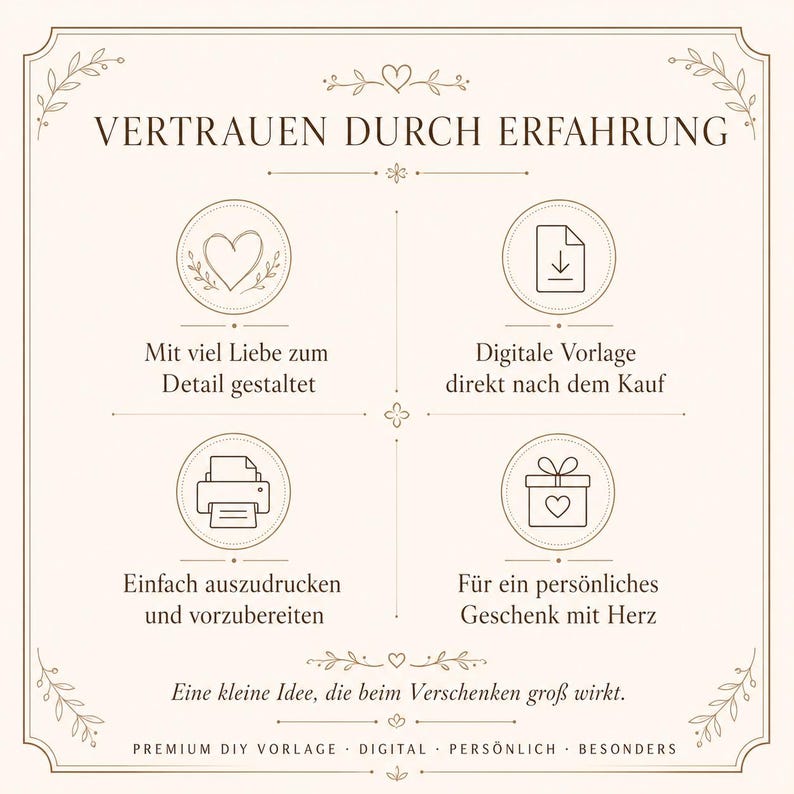 May include: A beige informational graphic with a decorative border and the text "VERTRAUEN DURCH ERFAHRUNG". It features four circular icons representing a heart, a download symbol, a printer, and a gift box, accompanied by German text descriptions.