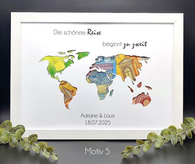 Kreatives Hochzeitsgeschenk mit Platz für Geldscheine und Widmung.
Erinnerungsgeschenk zur Hochzeit – personalisierter Bilderrahmen mit Gravur.