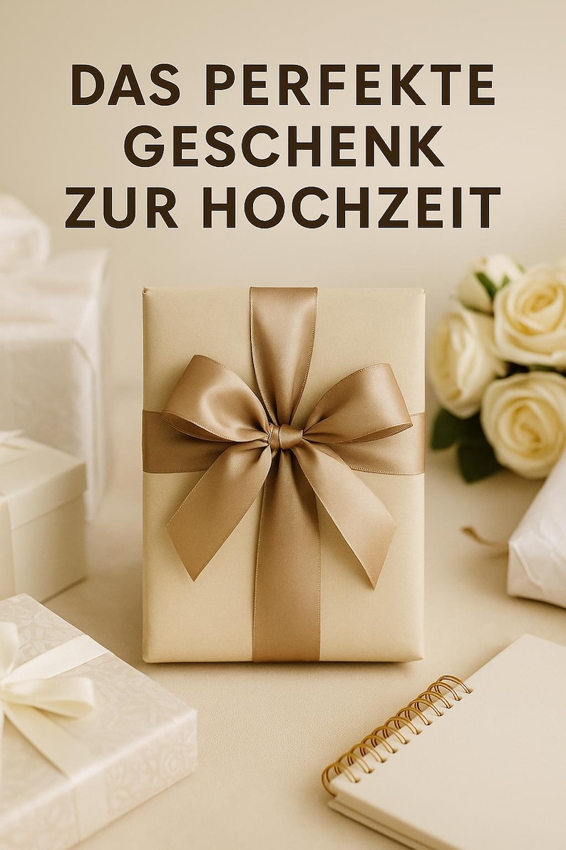 May include: A beige gift box tied with a gold satin ribbon and bow. The text "DAS PERFEKTE GESCHENK ZUR HOCHZEIT" is at the top. Other gift boxes and a bouquet of white roses are in the background. A spiral notebook is on the right.