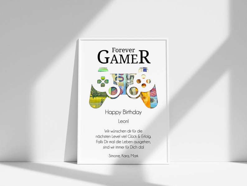 Handgemachte Geldgeschenk-Verpackung zum 18. Geburtstag, personalisiert mit Namen und Datum, kreative Geschenkidee für Jugendliche und junge Erwachsene.