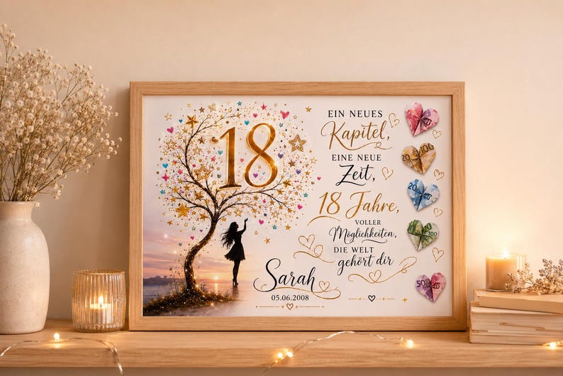 May include: A framed print featuring a silhouette of a person standing under a golden tree with the number 18, the name Sarah, and the date 05.06.2008. The text reads Ein neues Kapitel, eine neue Zeit, 18 Jahre, voller M&ouml;glichkeiten, die Welt geh&ouml;rt dir.