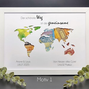 Hochzeitsgeschenk mit Namen des Brautpaares und Hochzeitsdatum im Bilderrahmen.
Individuell gestaltetes Hochzeitsgeschenk mit Wunschtext und Geldfach.