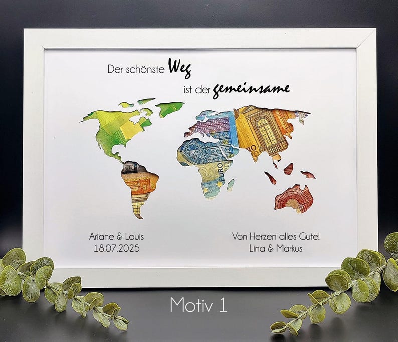 Hochzeitsgeschenk mit Namen des Brautpaares und Hochzeitsdatum im Bilderrahmen.
Individuell gestaltetes Hochzeitsgeschenk mit Wunschtext und Geldfach.