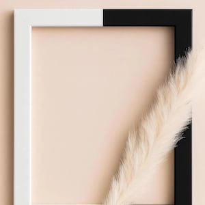 May include: A rectangular picture frame with a split color design, featuring a white left side and a black right side. The text Wei&szlig; is printed above the white section and Schwarz is printed above the black section. A beige pampas grass plume.