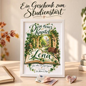Pode incluir: Uma impressão emoldurada em branco com uma ilustração de um livro aberto rodeado por hera, com o texto 'Ein Geschenk zum Studienstart', 'Dein neues Kapitel', 'Lena', 'Für alles, was jetzt beginnt', '01.10.2026' e 'Von Mama & Papa'.