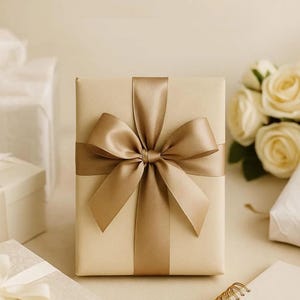 May include: A rectangular gift box wrapped in solid beige paper, tied with a wide, smooth, matching beige satin ribbon featuring a large, centered bow. Above the box, the text DAS PERFEKTE GESCHENK is printed in a simple, dark sans-serif font.