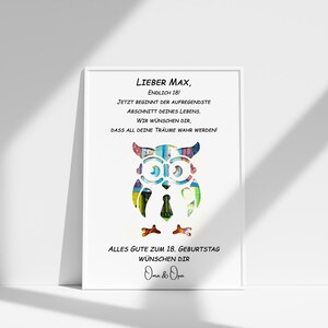 May include: A white framed print with a colourful owl illustration and the text "Lieber Max, Endlich 18! Jetzt beginnt der aufregendste Abschnitt deines Lebens. Wir w&uuml;nschen dir, dass all deine Tr&auml;ume wahr werden! Alles Gute zum 18. Geburtstag w&uuml;nschen dir Oma & Opa."