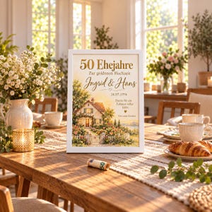 May include: A white framed print featuring the text 50 Ehejahre, Zur goldenen Hochzeit, Ingrid & Hans, 24.07.1976, Danke für ein Zuhause voller Liebe, and Von euren Kindern, with an illustration of a house surrounded by flowers and trees.