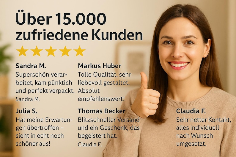 May include: Image featuring a smiling woman giving a thumbs-up, with text in German indicating over 15,000 satisfied customers. The text includes customer testimonials and five gold stars.