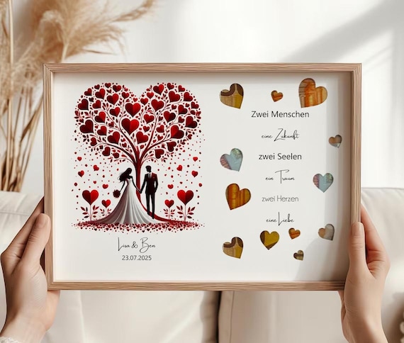 Personalisiertes Hochzeitsbild mit Namen und Datum Herzbaum Geschenk zur Hochzeit