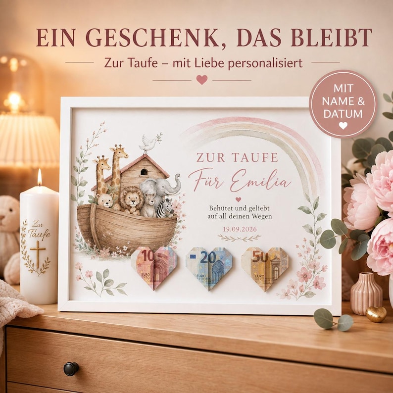 Personalisiertes Geldgeschenk zur Taufe: Arche Noah für Mädchen im Bilderrahmen als personalisiertes Taufgeschenk im DIN-A4-Bilderrahmen