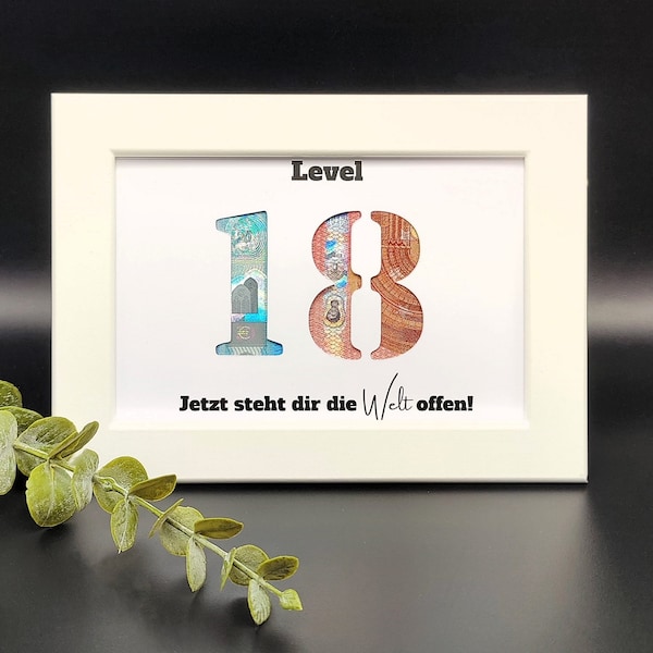 18. Geburtstag Geburtstags Geldgeschenk  Geschenk zum verschenken zum Geburtstag  mit Bilderrahmen Weiß 10x15cm
