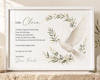 May include: A white framed print featuring a white dove holding an olive branch, surrounded by a botanical wreath. The text reads: Liebe Clara, ein kleiner Segen für Deinen Weg: Liebe, die Dich trägt, Hoffnung, die Dich stärkt, Freude, die Dein Herz erfüllt, Und Menschen, die immer für Dich da sind. Gottes Frieden begleite Dich. Zur Taufe am 22.11.2026 Von Herzen, Deine Familie.