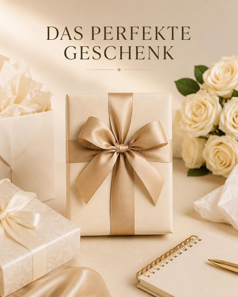May include: A rectangular gift box wrapped in cream-coloured paper with a wide, metallic gold satin ribbon tied in a bow. The text DAS PERFEKTE GESCHENK is printed in dark brown above the box. Nearby are white roses and a spiral notebook.