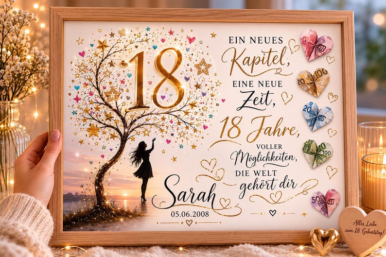 May include: A framed print featuring a silhouette of a person standing under a tree with gold stars and the number 18. The text reads: Ein neues Kapitel, eine neue Zeit, 18 Jahre, voller M&ouml;glichkeiten, die Welt geh&ouml;rt dir, Sarah, 05.06.2008. Five folded paper hearts are attached to the right side.