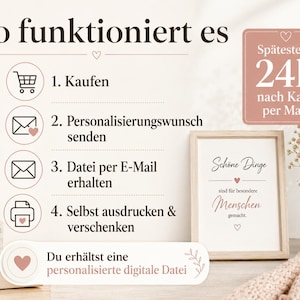 May include: An instructional graphic titled So funktioniert es with four numbered steps: 1. Kaufen, 2. Personalisierungswunsch senden, 3. Datei per E-Mail erhalten, 4. Selbst ausdrucken & verschenken. Includes a framed print with the text Sch&ouml;ne Dinge sind f&uuml;r besondere Menschen gemacht and a note stating Sp&auml;testens 24h nach Kauf per Mail.