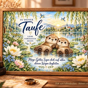 Taufbild Otter am Seerosenteich mit Segenswunsch, Geschenk zur Taufe, A4 quer PDF zum Ausdrucken