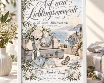 Geldgeschenk zur Silberhochzeit für die Reisekasse – personalisierte A4-Karte mit Koffermotiv