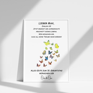 May include: A white card with a message wishing someone a happy 18th birthday. The card features a colorful butterfly design and the text "Lieber Max, Endlich 18! Jetzt beginnt der aufregendste Abschnitt deines Lebens. Wir w&uuml;nschen dir, dass all deine Tr&auml;ume wahr werden! Alles Gute zum 18. Geburtstag w&uuml;nschen dir Oma & Opa".