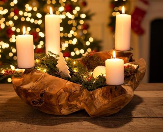 Teak Adventskranz Unikat aus Massivholz mit 4 Kerzenhaltern in Schwarz Naturkranz Weihnachten Tischdeko Durchmesser 30cm 40cm 50cm Größe
