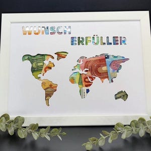 Weltkarte Geldgeschenk Wunscherfüller Bilderrahmen Geschenkidee Reise Fernweh Urlaub Träume aus Geld imagen 1