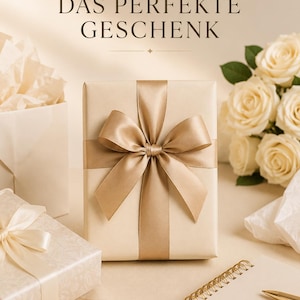 May include: A rectangular gift box wrapped in cream-colored paper with a wide, metallic gold satin ribbon tied in a bow. The text DAS PERFEKTE GESCHENK is printed above the box, accompanied by white roses, a spiral notebook, and a gold pen.