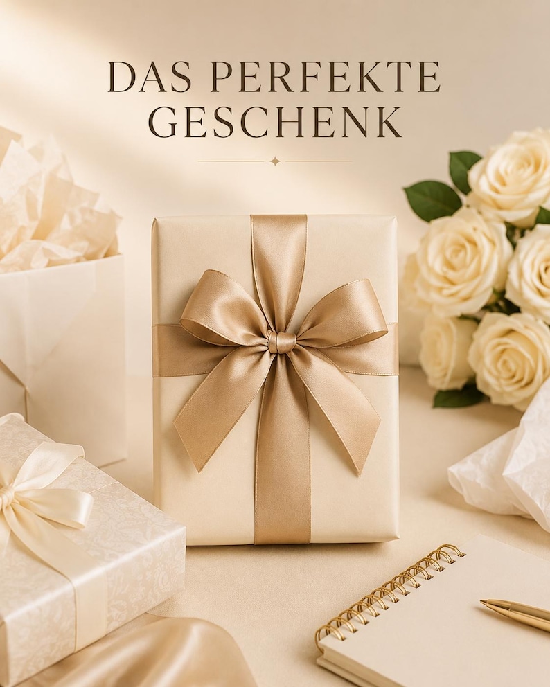 May include: A rectangular gift box wrapped in cream-colored paper with a wide, metallic gold satin ribbon tied in a bow. The text DAS PERFEKTE GESCHENK is printed above the box, accompanied by white roses, a spiral notebook, and a gold pen.