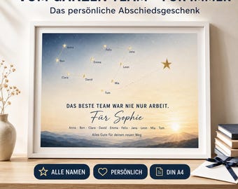 May include: A framed print featuring a starry night sky over mountains with a constellation of gold stars labeled with names. Text includes "VOM GANZEN TEAM - FÜR IMMER", "DAS BESTE TEAM WAR NIE NUR ARBEIT", "Für Sophie", and "Alles Gute für deinen neuen Weg".