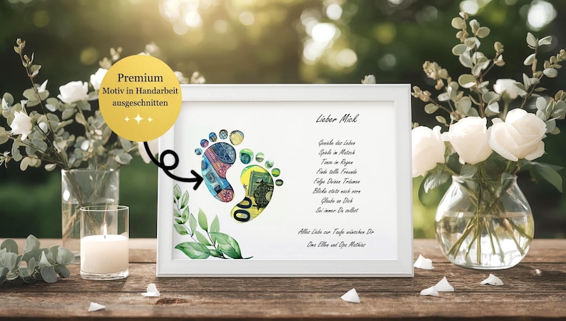 Personalisierte Geldgeschenk Idee Taufe einzigartiges Taufgeschenk mit Namen Spruch Fußabdruck Erinnerung Geschenk Junge Mädchen Motiv 1
