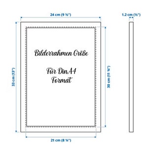 May include: A black picture frame with measurements in inches and centimeters. The frame is designed to fit a standard size A4 paper or print. The text on the frame reads "Bilderrahmen Gr&ouml;&szlig;e F&uuml;r Din A4 Format".