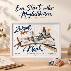 Può includere: Una stampa incorniciata in bianco che mostra un libro aperto con schizzi architettonici di un ponte e un edificio, un compasso e una matita. Il testo recita "Ein Start voller Möglichkeiten", "Zukunft bauen", "Noah", "09.10.2026" e "Ideen werden groß, wenn da beginnst."