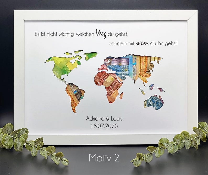 Personalisierter Bilderrahmen als kreatives Hochzeitsgeschenk mit Namen und Datum.
Geldgeschenk zur Hochzeit im stilvollen Bilderrahmen mit personalisierter Gravur.