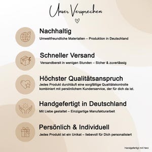 May include: A cream-colored graphic with text in German, including "Unser Versprechen" at the top. The image highlights key features: sustainable materials, fast shipping, high-quality standards, handmade in Germany, and personalized service.