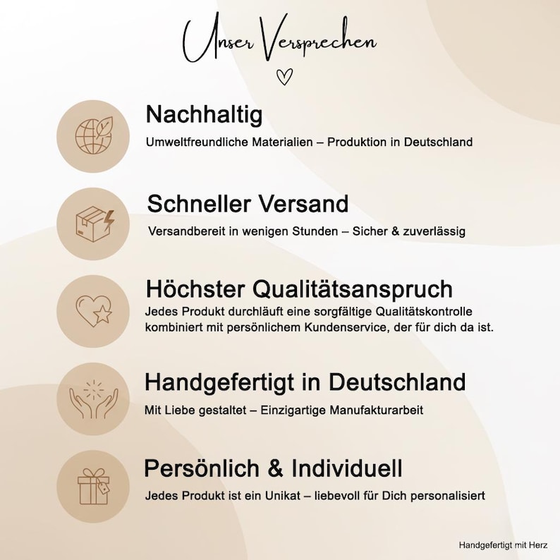 May include: A cream-colored graphic with text in German, including "Unser Versprechen" at the top. The image highlights key features: sustainable materials, fast shipping, high-quality standards, handmade in Germany, and personalized service.