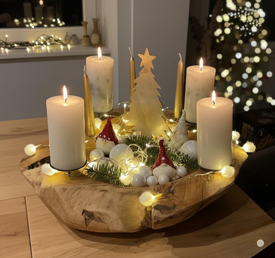 Adventskranz Unikat aus Massivholz mit 4 Kerzenhaltern in Schwarz Naturkranz Weihnachten Tischdeko Durchmesser 30cm 40cm 50cm Größe
