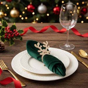 May include: A festive table setting with a green velvet napkin held by a wooden reindeer napkin ring. White plates, gold silverware, and a wine glass are arranged on a wooden table, with a Christmas tree and red ribbon in the background.