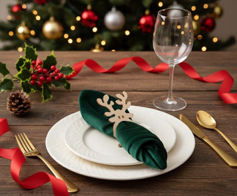 May include: A festive table setting with a green velvet napkin held by a wooden reindeer napkin ring. White plates, gold silverware, and a wine glass are arranged on a wooden table, with a Christmas tree and red ribbon in the background.