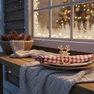 May include: A festive outdoor scene with a wooden table set for a holiday meal. A red and white checkered napkin is held by a wooden reindeer napkin ring, placed on a plate. A cozy gray blanket and a bowl of pinecones add to the wintery ambiance.