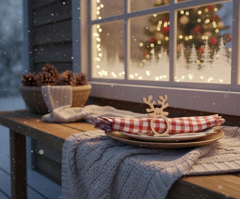 May include: A festive outdoor scene with a wooden table set for a holiday meal. A red and white checkered napkin is held by a wooden reindeer napkin ring, placed on a plate. A cozy gray blanket and a bowl of pinecones add to the wintery ambiance.