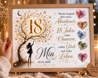 18 Geburtstag Geschenk personalisiert Geldgeschenk Volljährigkeit Mädchen Junge Erinnerungsgeschenk mit Namen Bilderrahmen DIY Geschenkidee