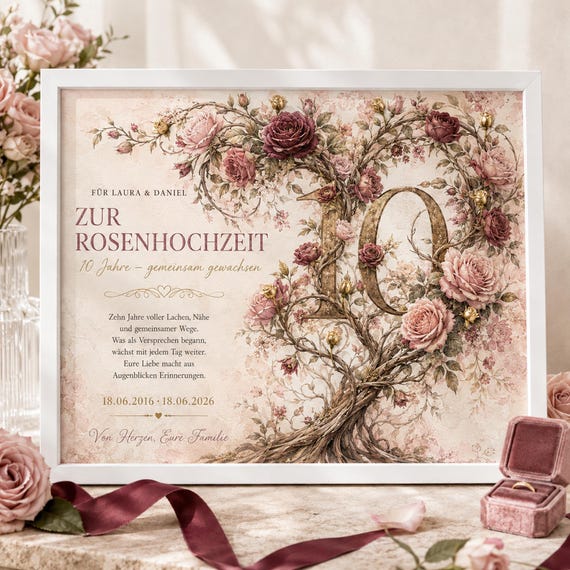 Geschenk zur Rosenhochzeit personalisiert: 10 Jahre Ehe mit Namen & Datum – PDF, DIN-A4-Karte oder Bilderrahmen