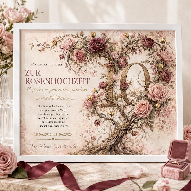 Personalisiertes Geschenk zur Rosenhochzeit 10 Jahre im weißen DIN-A4-Bilderrahmen